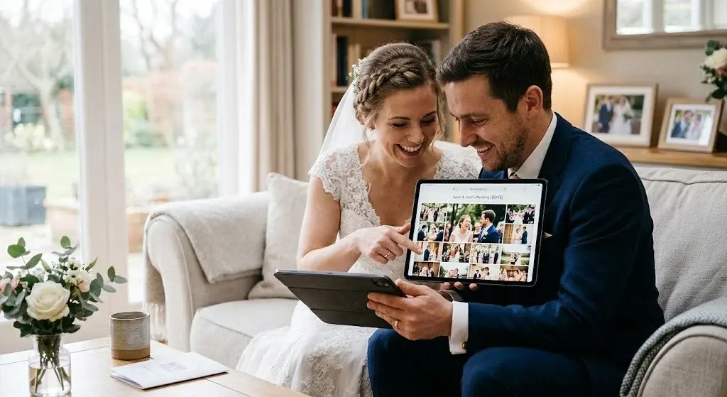 Mariés consultant la galerie en ligne de leurs photos de mariage sur une tablette.